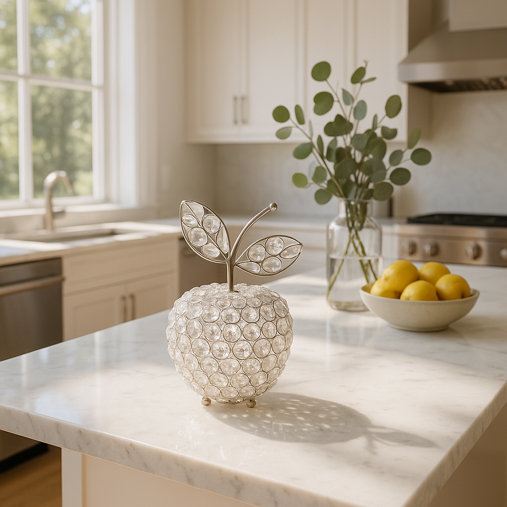 Premium 8" Silver and Faux Crystal Decorative Apple Tabletop Sculpture - Modern Glam Luxe Accent with Hand-Finished Details