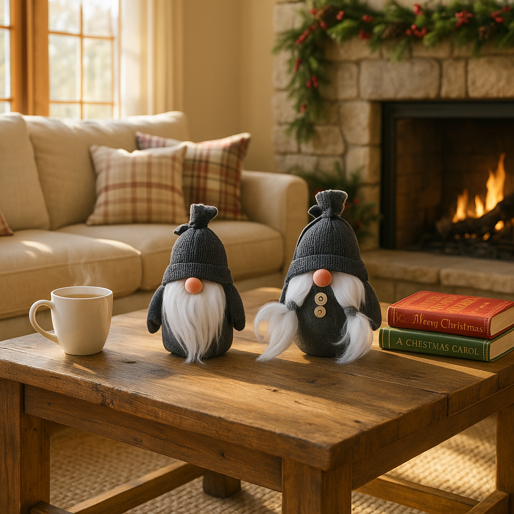 Premium 6" Black and Gray Fabric Christmas Standing Gnome Tabletop Sculpture - Contemporary Whimsical Holiday Décor