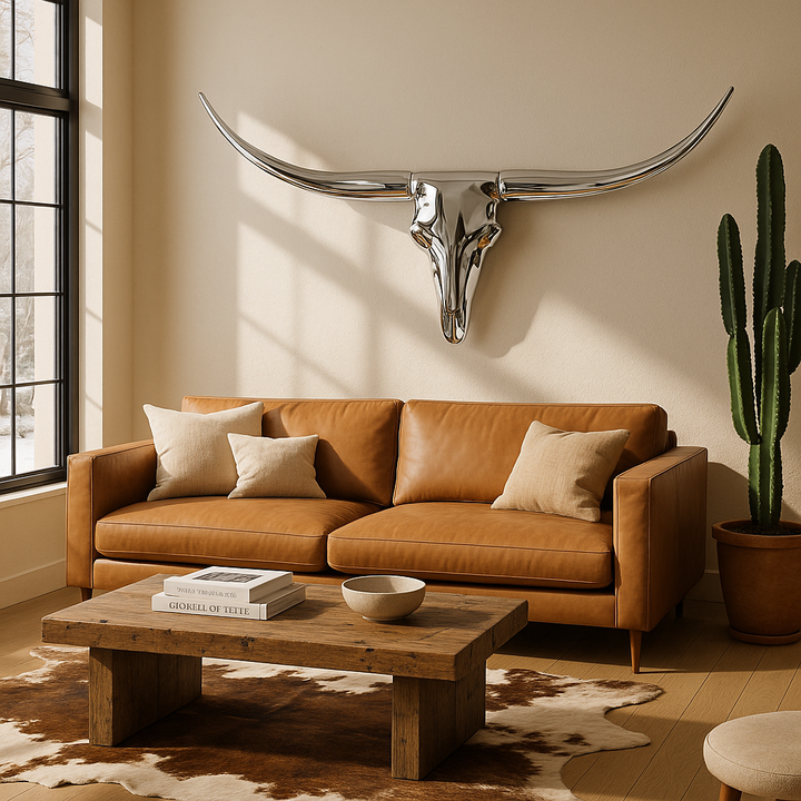 Premium 47" Silver Buffed Aluminum Long Horn Wall Sculpture - Modern Western Statement Piece with Lodge Appeal