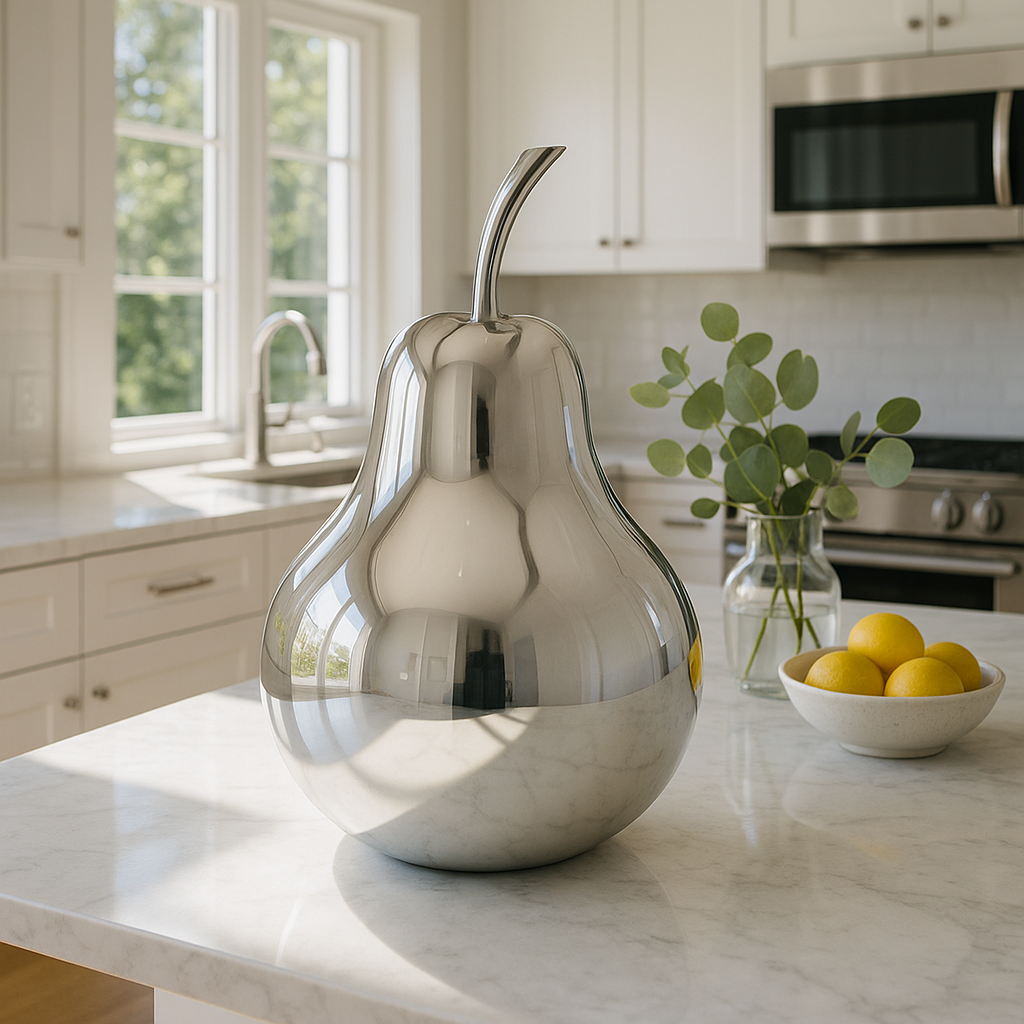 Premium 17" Silver Buffed Aluminum Decorative Pear Tabletop Sculpture - Modern Contemporary Design with High-Grade Craftsmanship