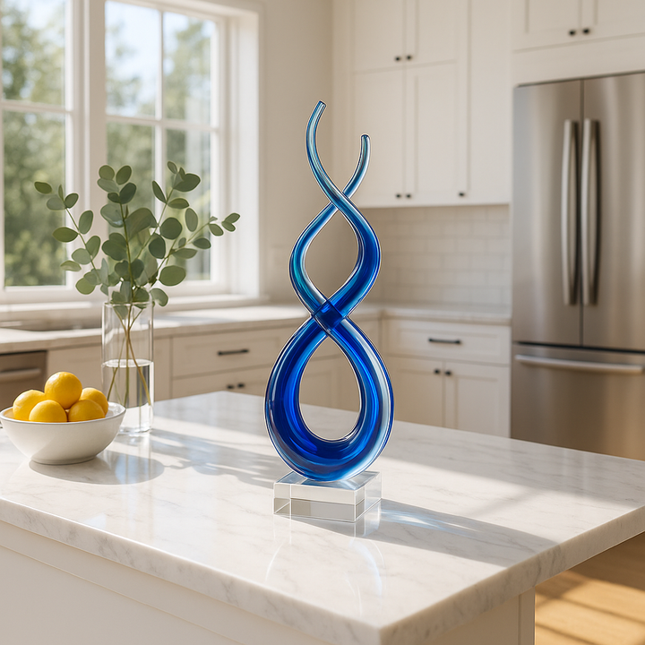 Premium 14" Clear and Blue Murano Glass Modern Abstract Tabletop Sculpture – Artisan-Crafted Decorative Accent