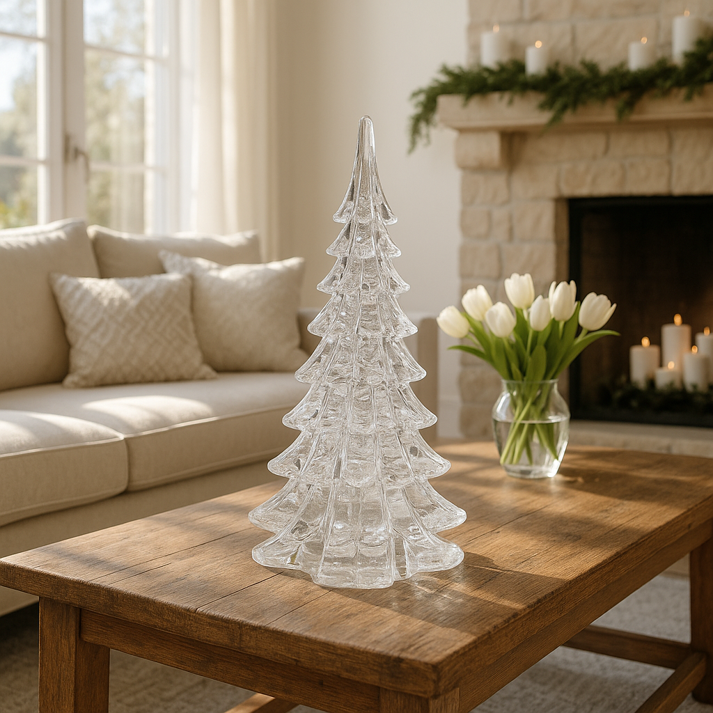 Premium 10" Mouth Blown Clear Glass Christmas Tree Sculpture - Elegant Holiday Tabletop Décor with Murano-Style Craftsmanship