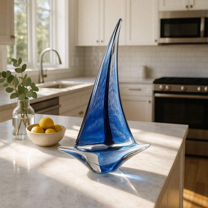 Premium 9" Clear and Blue Murano Glass Modern Abstract Tabletop Sculpture