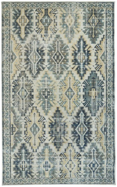 13' X 15' Ivory Green and Blue Aztec Distressed Indoor Outdoor Area Rug