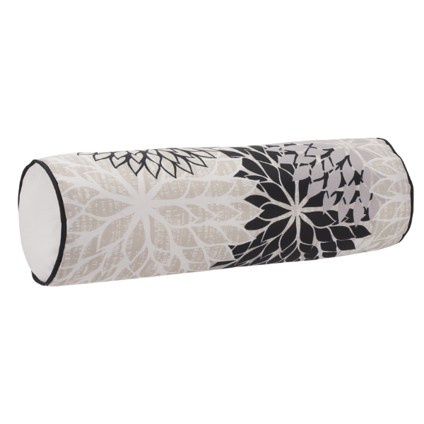 Premium 6" x 20" Black Gray and White Bolster Floral Indoor Outdoor Throw Pillow