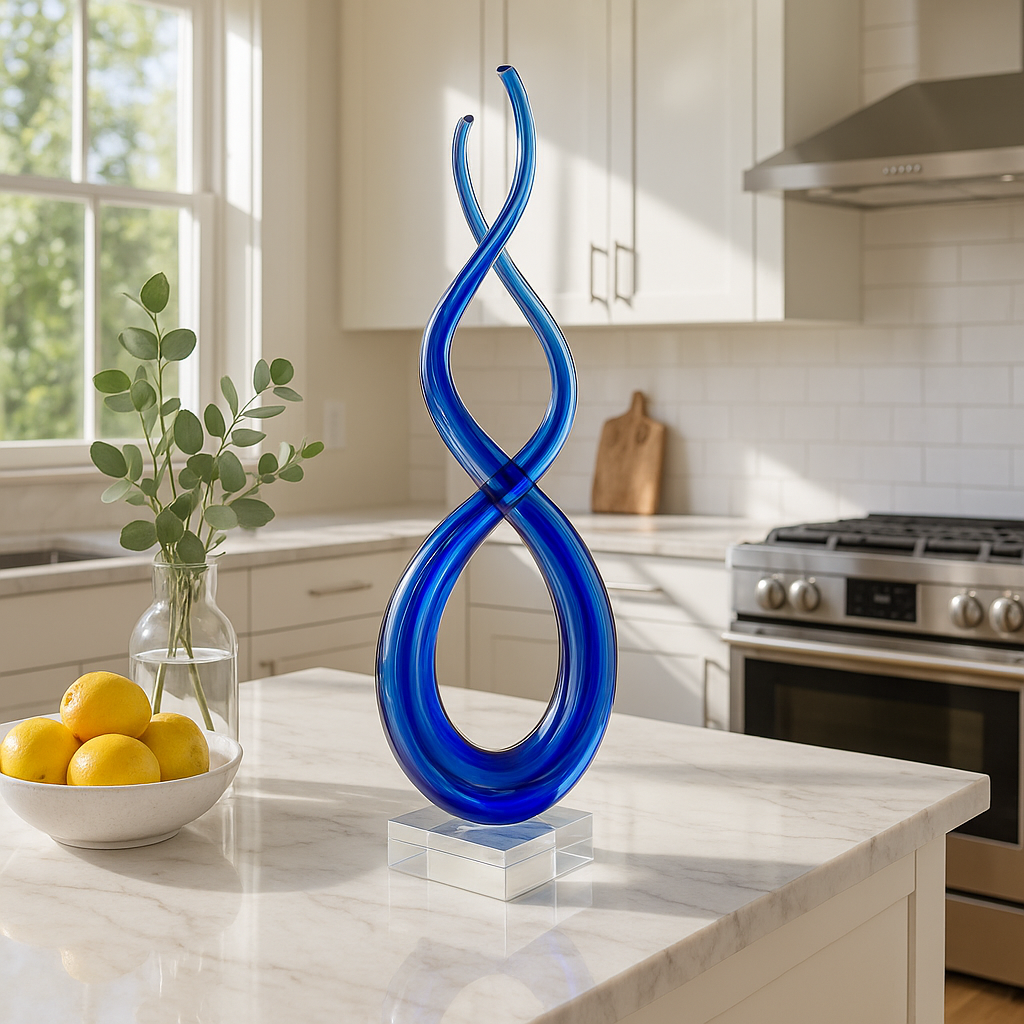 Premium 20" Clear and Blue Murano Glass Modern Abstract Tabletop Sculpture - Contemporary Artisan-Crafted Decorative Accent