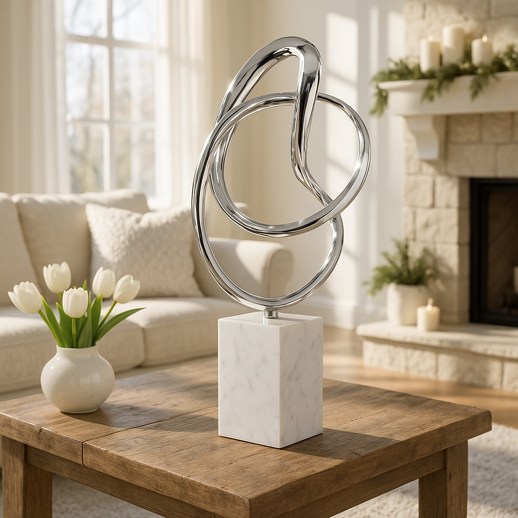 Premium 18" Silver and White Marble and Aluminum Sculpture - Contemporary Abstract Tabletop Design with Mixed Materials
