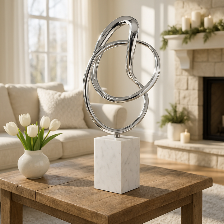 Premium 18" Silver and White Marble and Aluminum Sculpture - Contemporary Abstract Tabletop Design with Mixed Materials