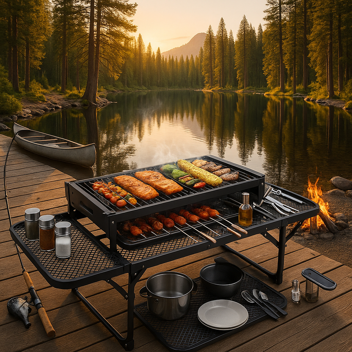 Multi-Function Camping Table with Grill Stand - Foldable Aluminum Outdoor Cooking Table with Dual Side Trays & Carry Bag