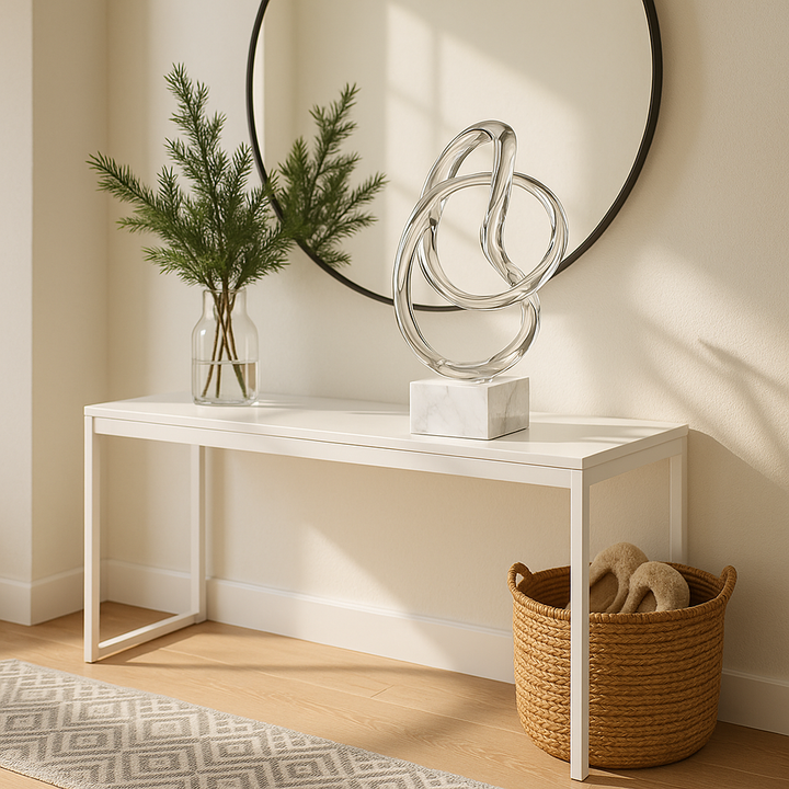 Premium 18" Silver and White Marble and Aluminum Sculpture - Contemporary Abstract Tabletop Design with Mixed Materials