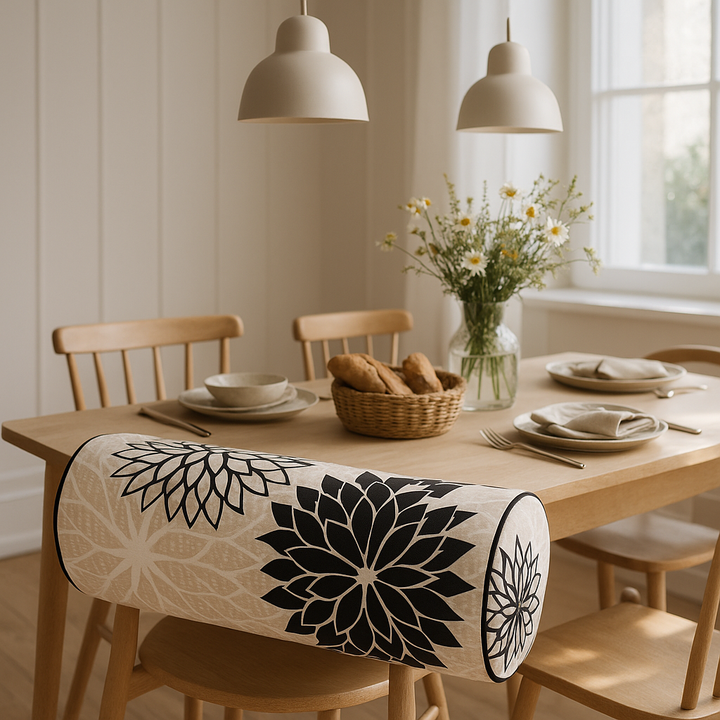 Premium 6" x 20" Black Gray and White Bolster Floral Indoor Outdoor Throw Pillow