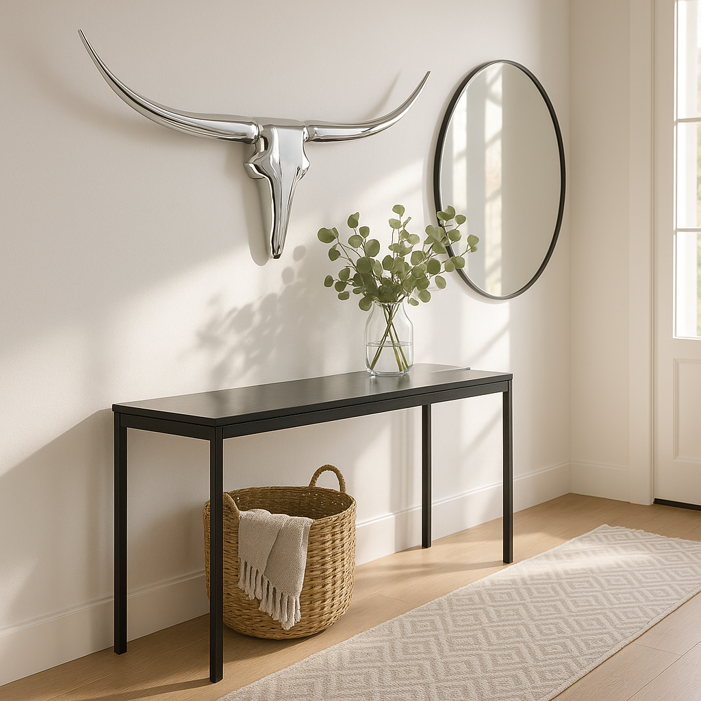 Premium 47" Silver Buffed Aluminum Long Horn Wall Sculpture - Modern Western Statement Piece with Lodge Appeal