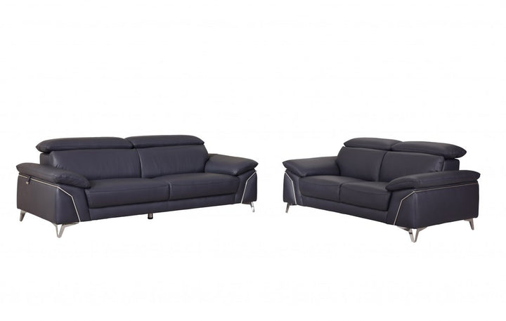 Navy Blue Italian Leather Sofa and Loveseat Set with Coil Spring Construction