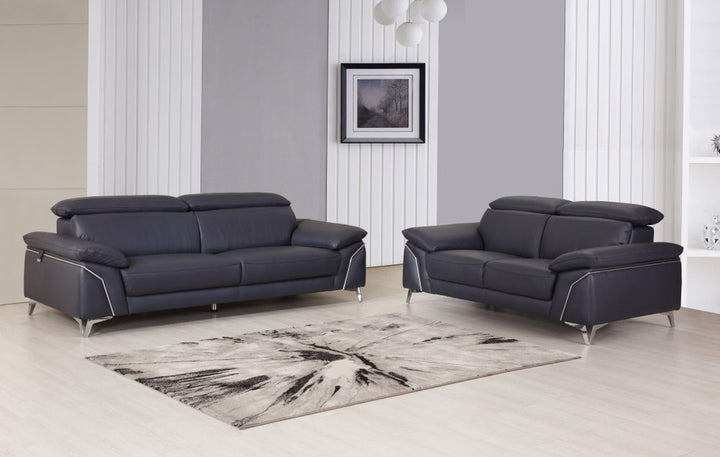 Navy Blue Italian Leather Sofa and Loveseat Set with Coil Spring Construction