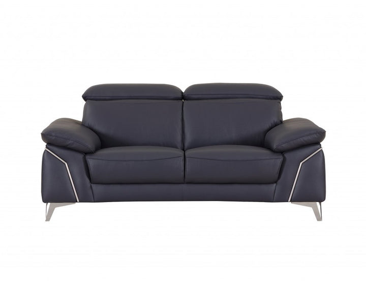 Navy Blue Italian Leather Sofa and Loveseat Set with Coil Spring Construction