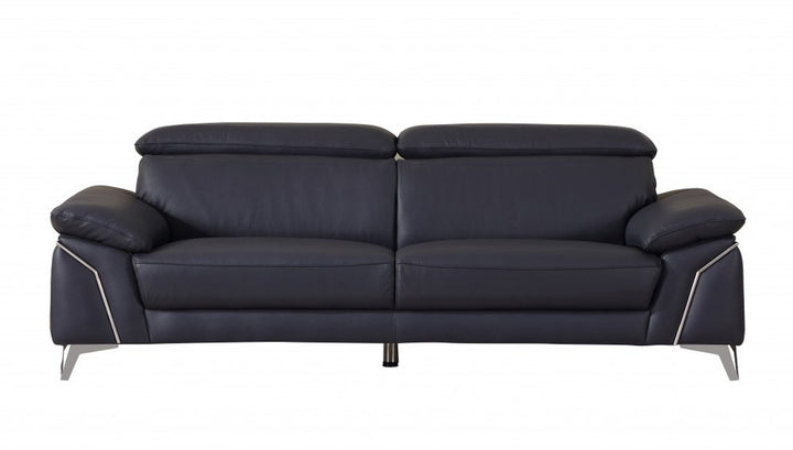 Navy Blue Italian Leather Sofa and Loveseat Set with Coil Spring Construction