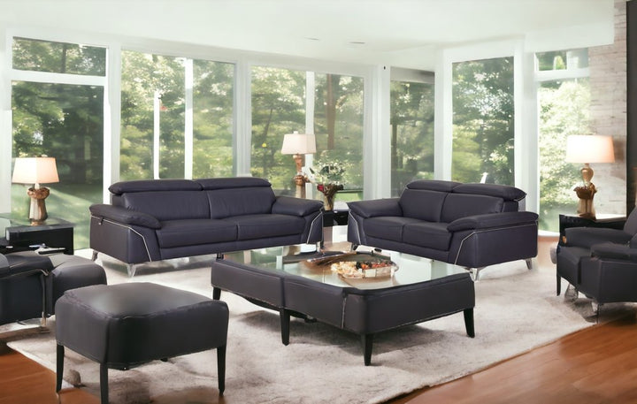 Navy Blue Italian Leather Sofa and Loveseat Set with Coil Spring Construction