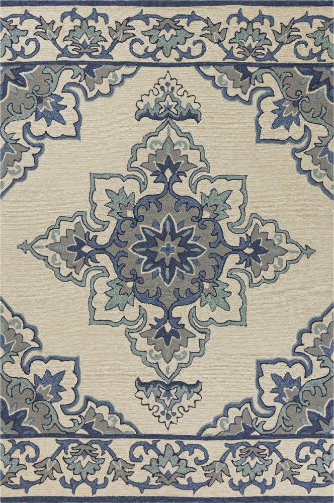 8' X 10' Ivory And Blue Damask Indoor Outdoor Area Rug