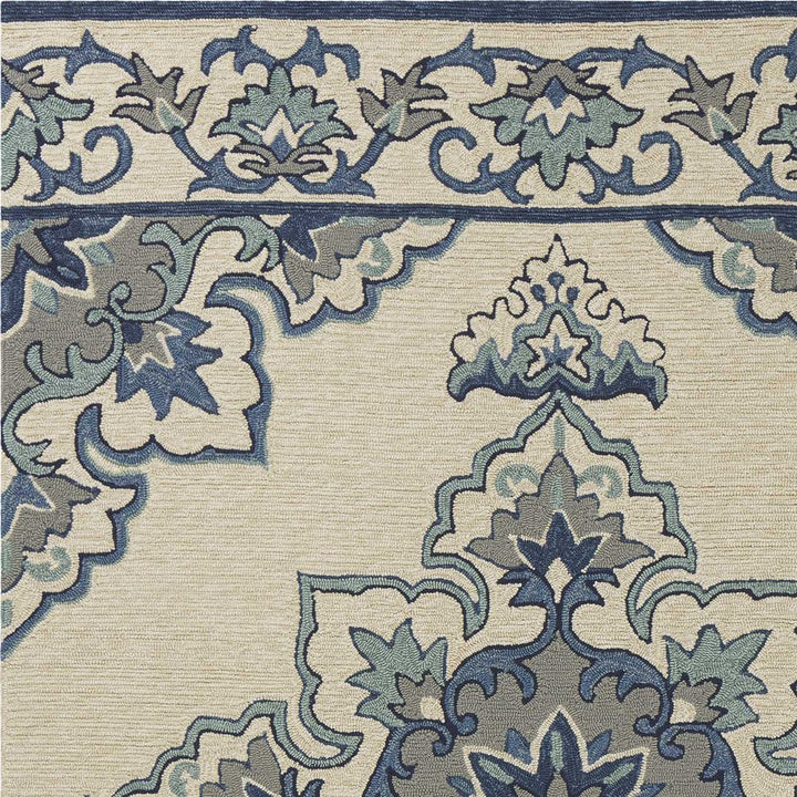 8' X 10' Ivory And Blue Damask Indoor Outdoor Area Rug