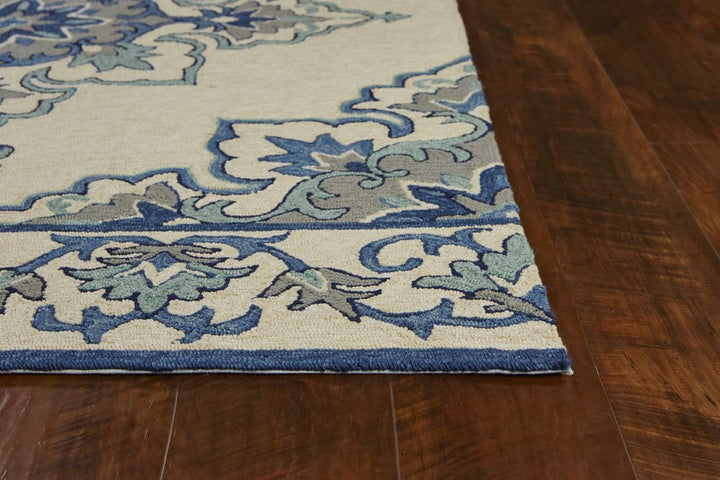 8' X 10' Ivory And Blue Damask Indoor Outdoor Area Rug