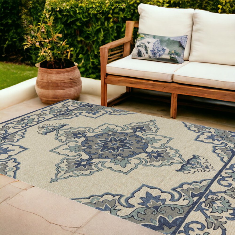 8' X 10' Ivory And Blue Damask Indoor Outdoor Area Rug