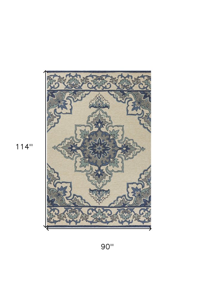8' X 10' Ivory And Blue Damask Indoor Outdoor Area Rug