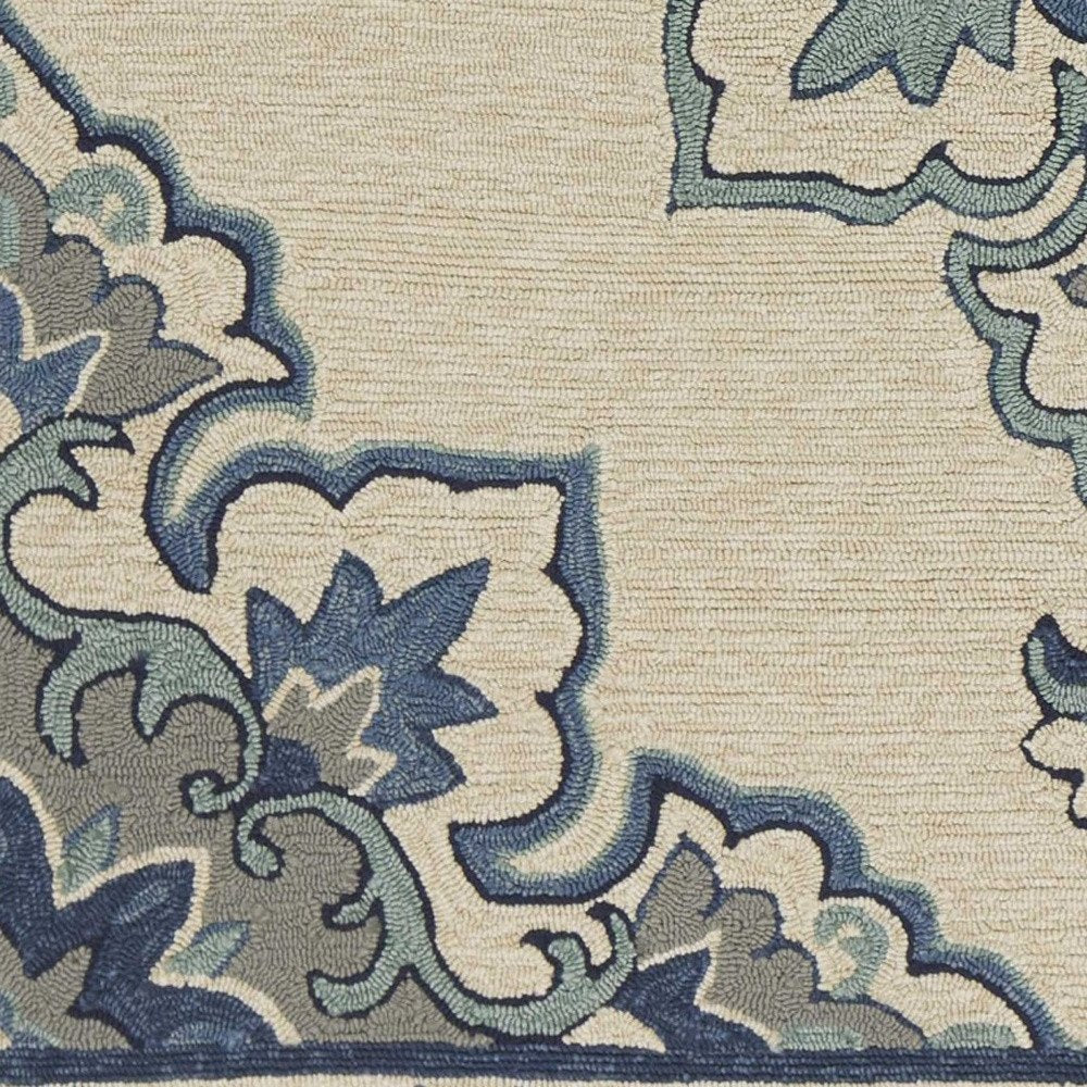 8' X 10' Ivory And Blue Damask Indoor Outdoor Area Rug