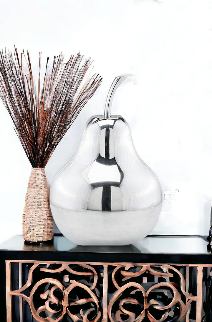 Premium 17" Silver Buffed Aluminum Decorative Pear Tabletop Sculpture - Modern Contemporary Design with High-Grade Craftsmanship