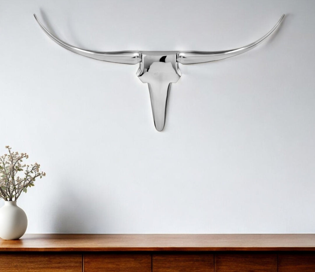 Premium 47" Silver Buffed Aluminum Long Horn Wall Sculpture - Modern Western Statement Piece with Lodge Appeal