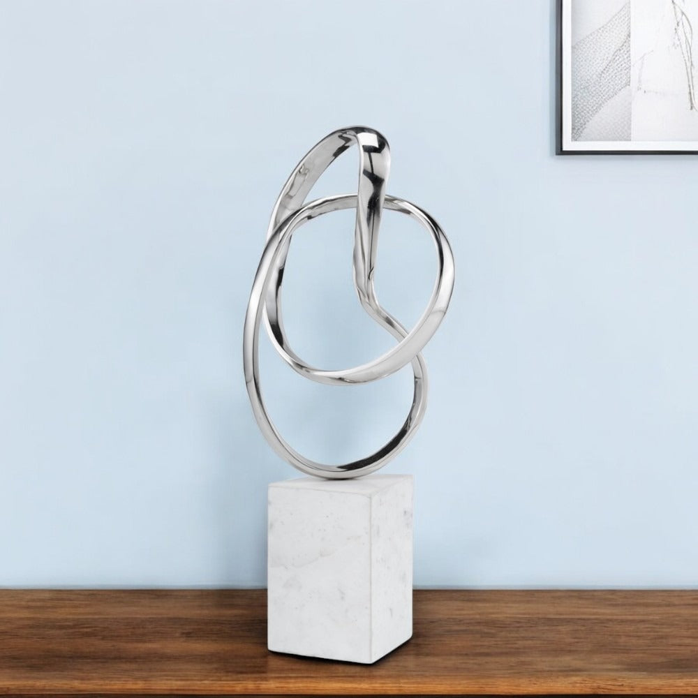 Premium 18" Silver and White Marble and Aluminum Sculpture - Contemporary Abstract Tabletop Design with Mixed Materials