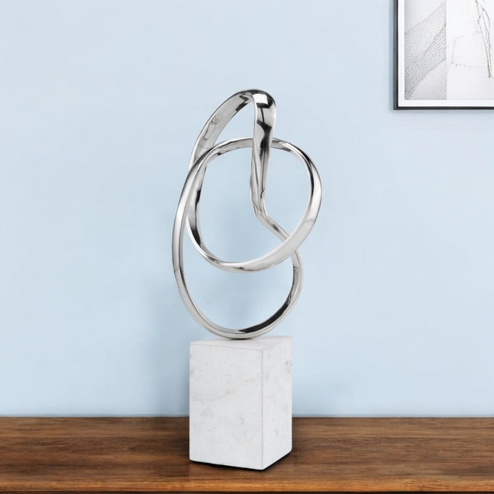 Premium 18" Silver and White Marble and Aluminum Sculpture - Contemporary Abstract Tabletop Design with Mixed Materials
