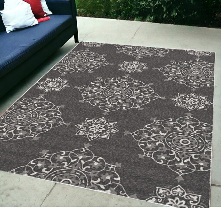 5' X 8' Charcoal Round Floral Indoor Outdoor Area Rug