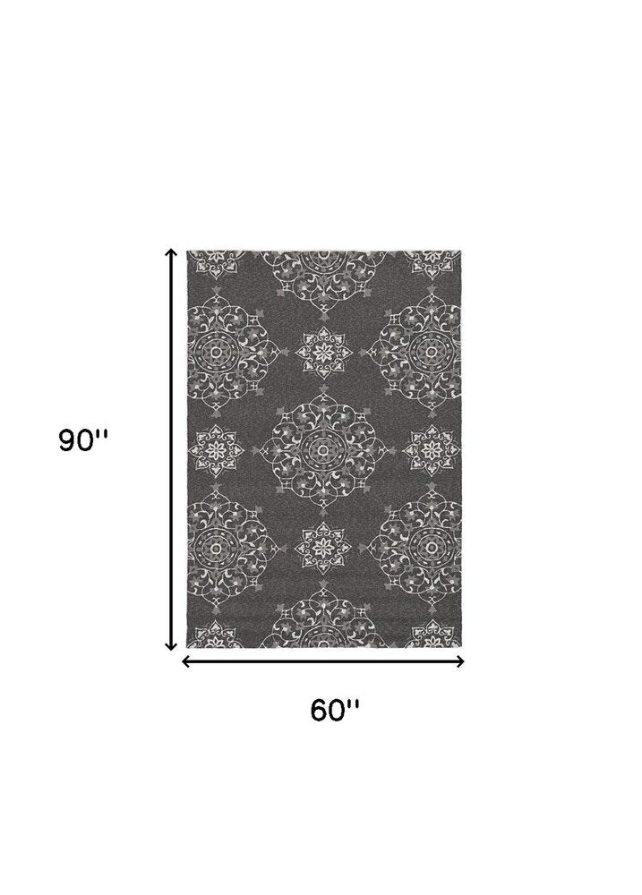 5' X 8' Charcoal Round Floral Indoor Outdoor Area Rug