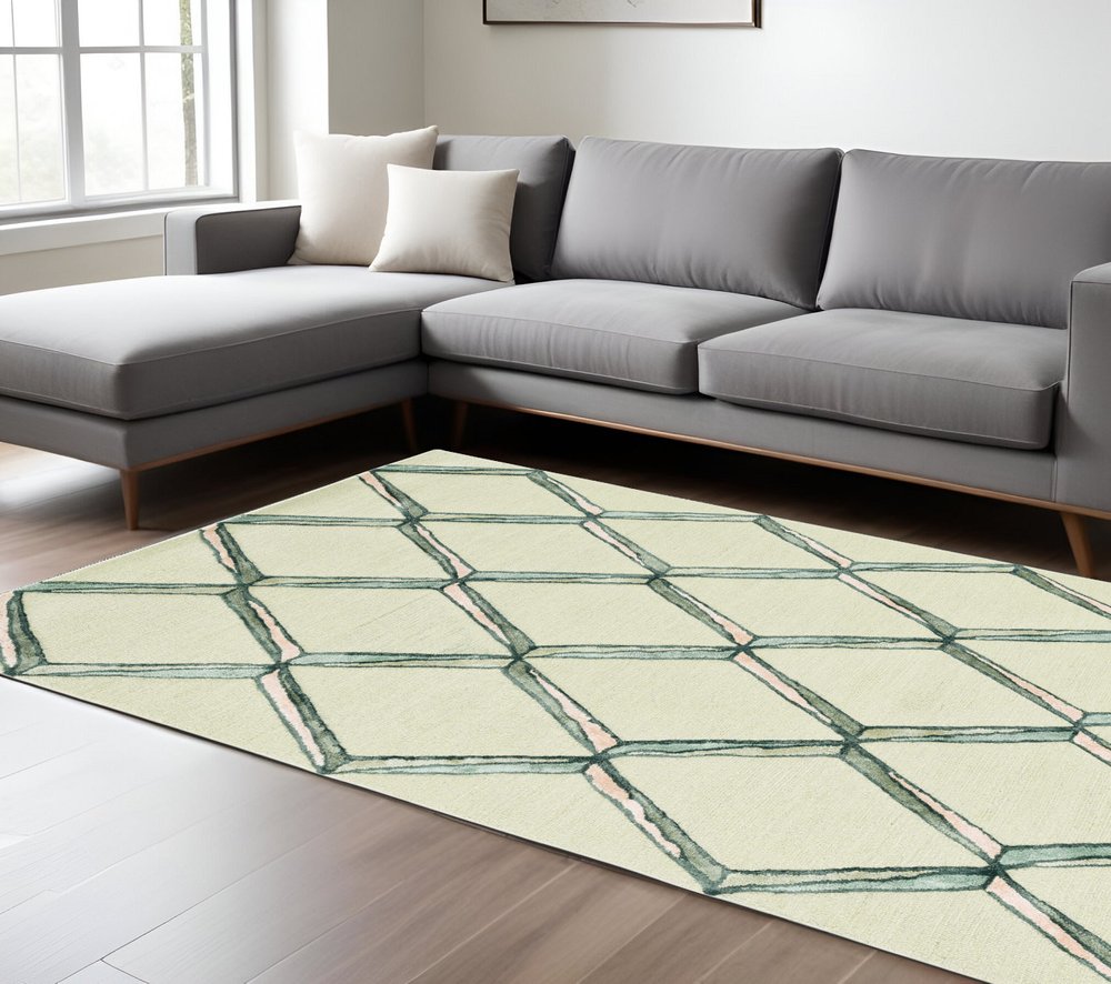 12' X 15' Cream And Aqua Wool Geometric Hand Tufted Area Rug