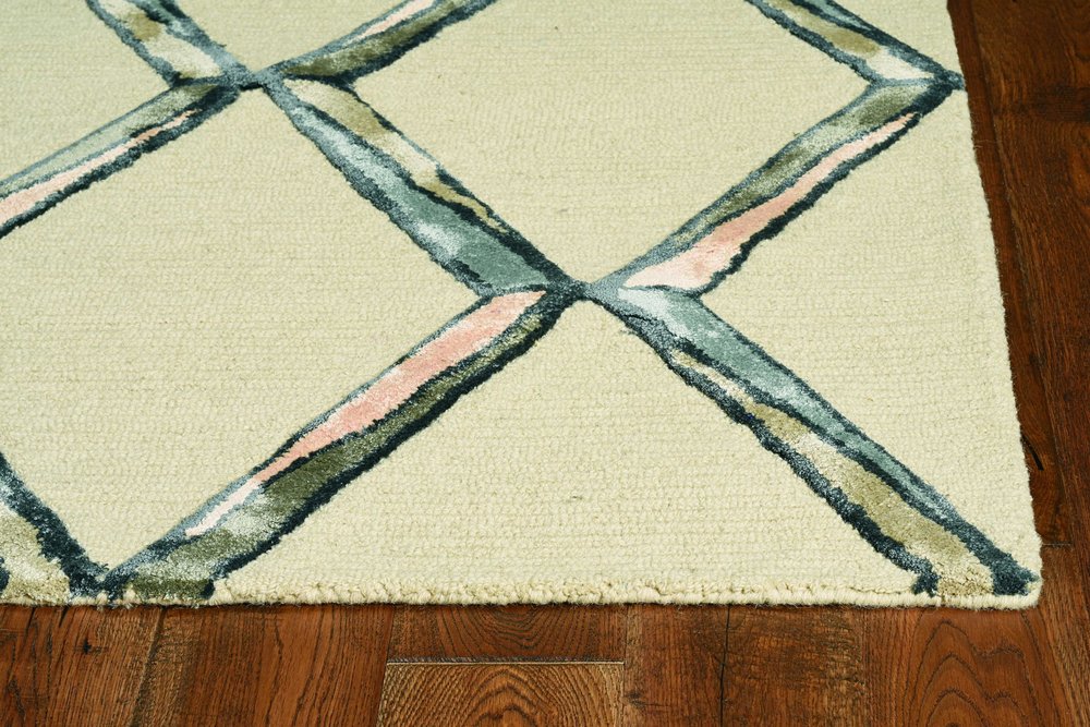 12' X 15' Cream And Aqua Wool Geometric Hand Tufted Area Rug