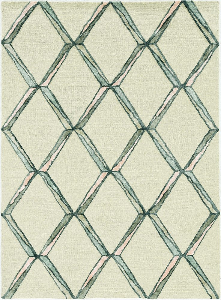 12' X 15' Cream And Aqua Wool Geometric Hand Tufted Area Rug