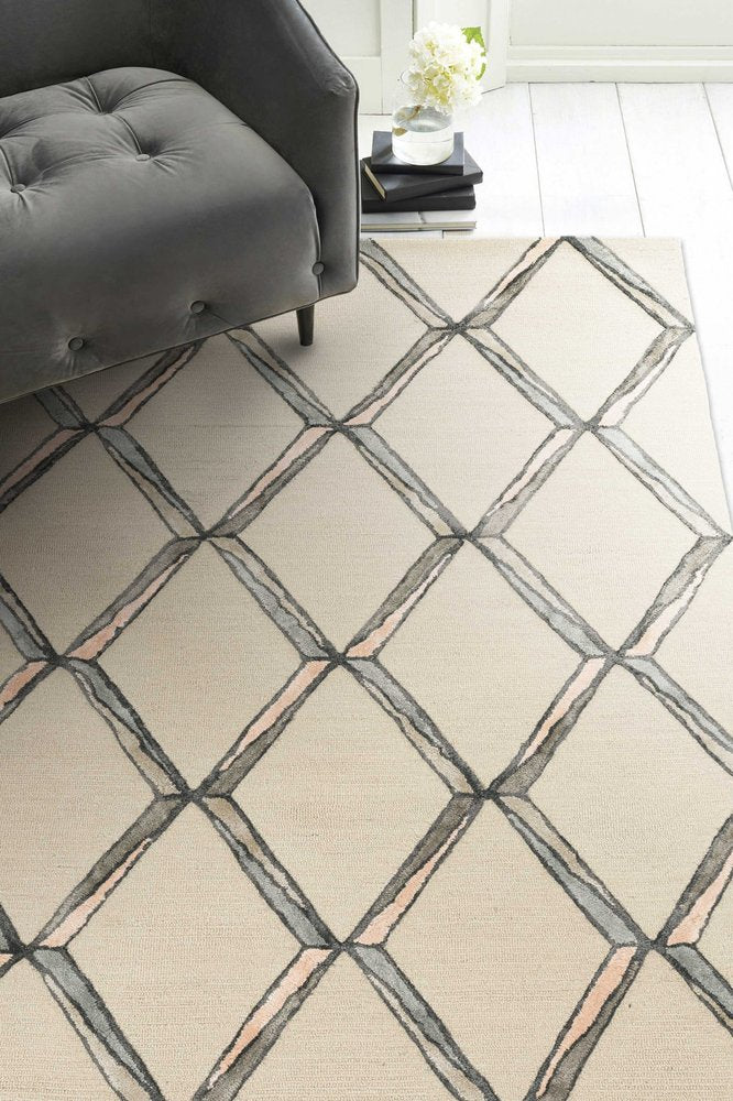 12' X 15' Cream And Aqua Wool Geometric Hand Tufted Area Rug