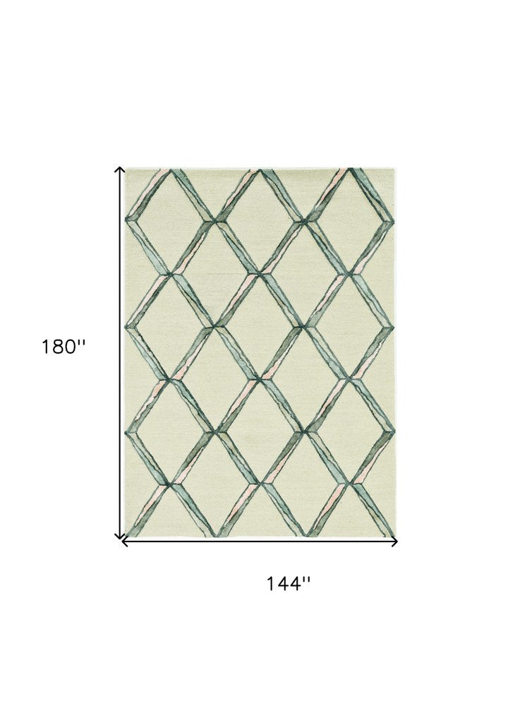 12' X 15' Cream And Aqua Wool Geometric Hand Tufted Area Rug