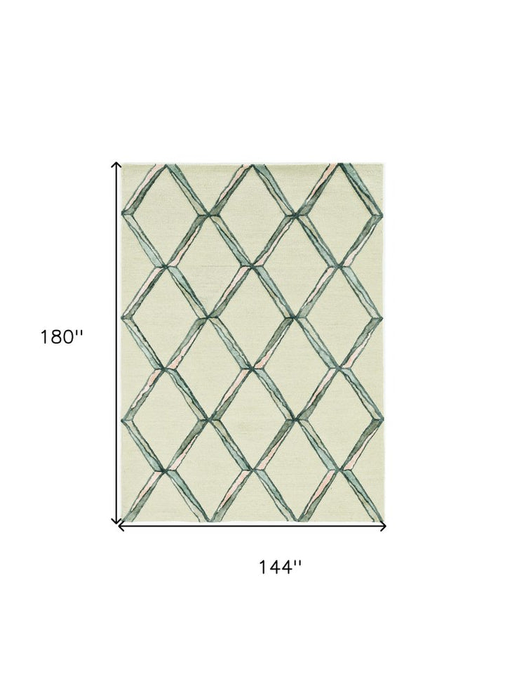 12' X 15' Cream And Aqua Wool Geometric Hand Tufted Area Rug