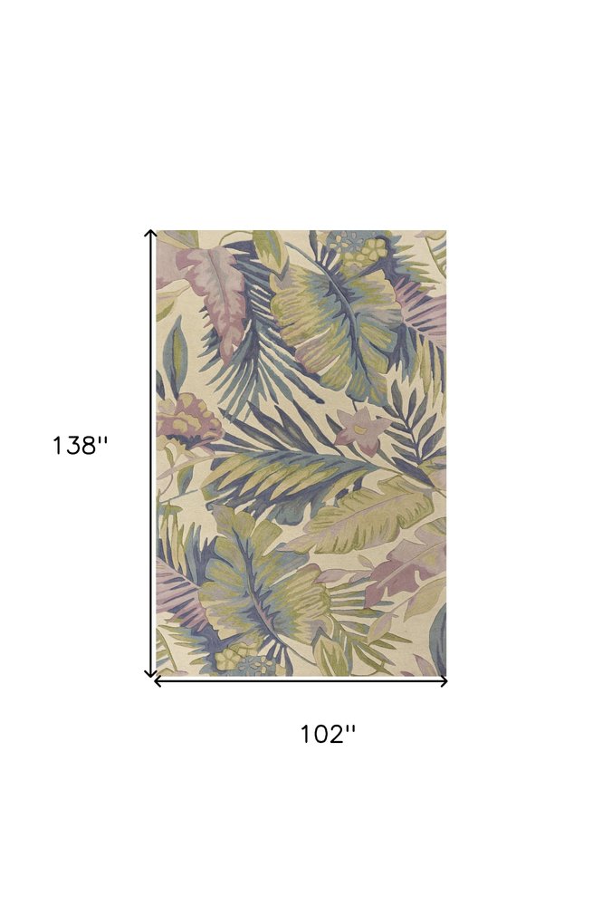 9' X 12' Green Pink And Purple Wool Tropical Botanical Hand Tufted Area Rug