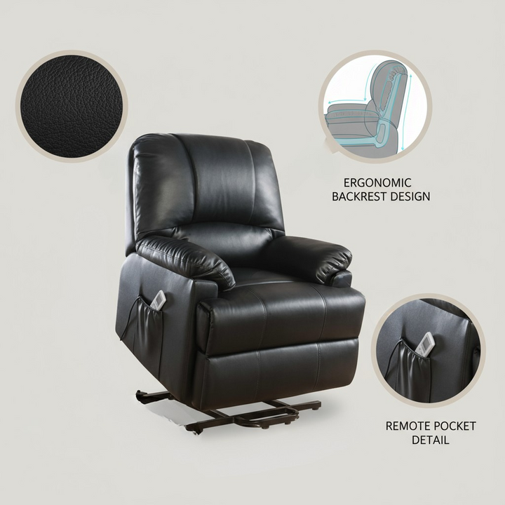 34" Black Faux Leather Power Massage Lift Assist Recliner