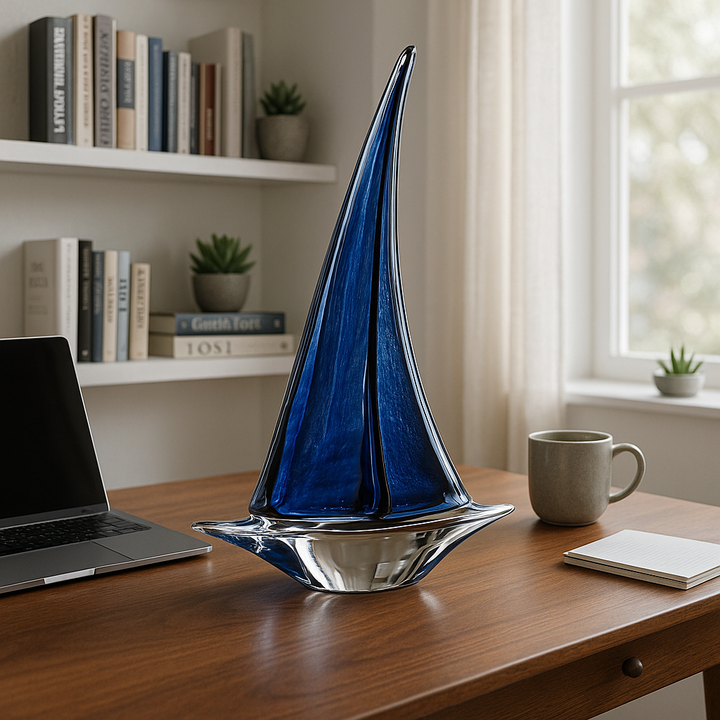 Premium 9" Clear and Blue Murano Glass Modern Abstract Tabletop Sculpture