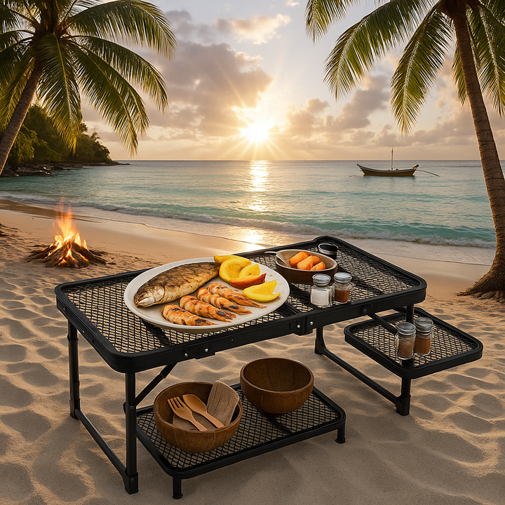 Multi-Function Camping Table with Grill Stand - Foldable Aluminum Outdoor Cooking Table with Dual Side Trays & Carry Bag
