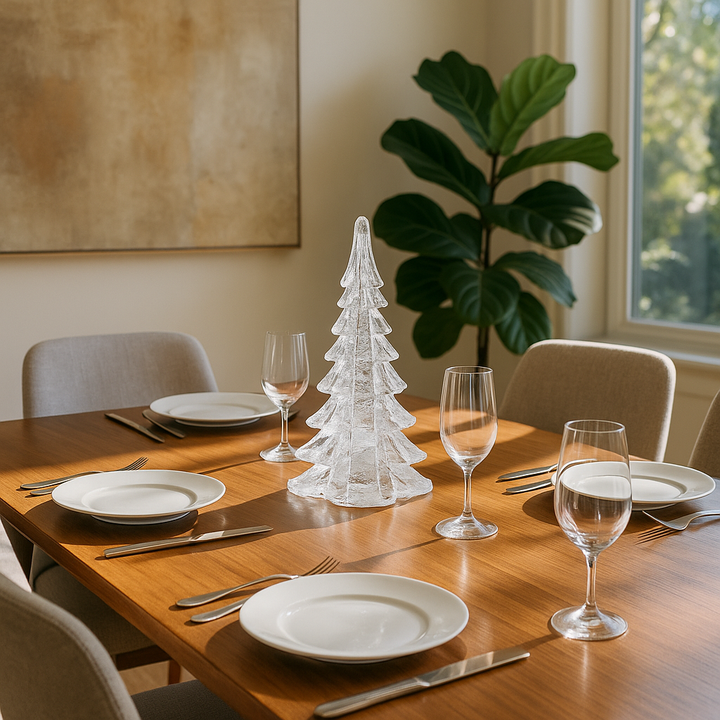 Premium 10" Mouth Blown Clear Glass Christmas Tree Sculpture - Elegant Holiday Tabletop Décor with Murano-Style Craftsmanship