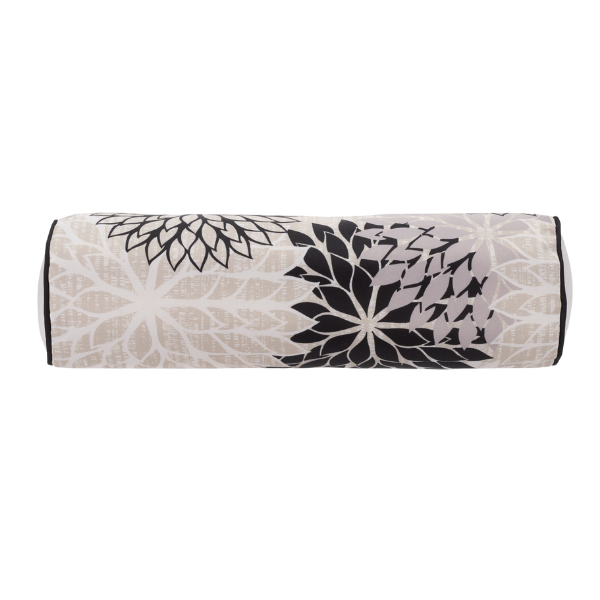 Premium 6" x 20" Black Gray and White Bolster Floral Indoor Outdoor Throw Pillow