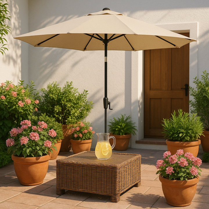 Premium 93" Tan Polyester Octagonal Tilt Market Patio Umbrella with Rib Replacement Technology