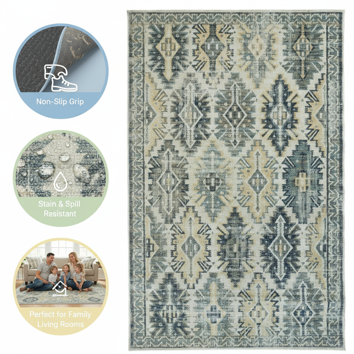 13' X 15' Ivory Green and Blue Aztec Distressed Indoor Outdoor Area Rug