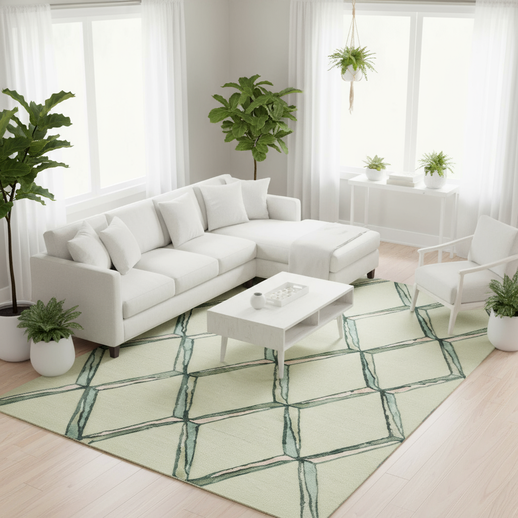 12' X 15' Cream And Aqua Wool Geometric Hand Tufted Area Rug