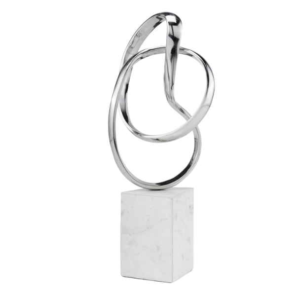 Premium 18" Silver and White Marble and Aluminum Sculpture - Contemporary Abstract Tabletop Design with Mixed Materials