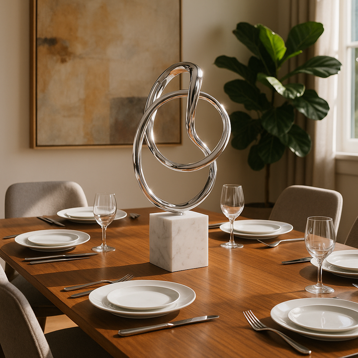 Premium 18" Silver and White Marble and Aluminum Sculpture - Contemporary Abstract Tabletop Design with Mixed Materials
